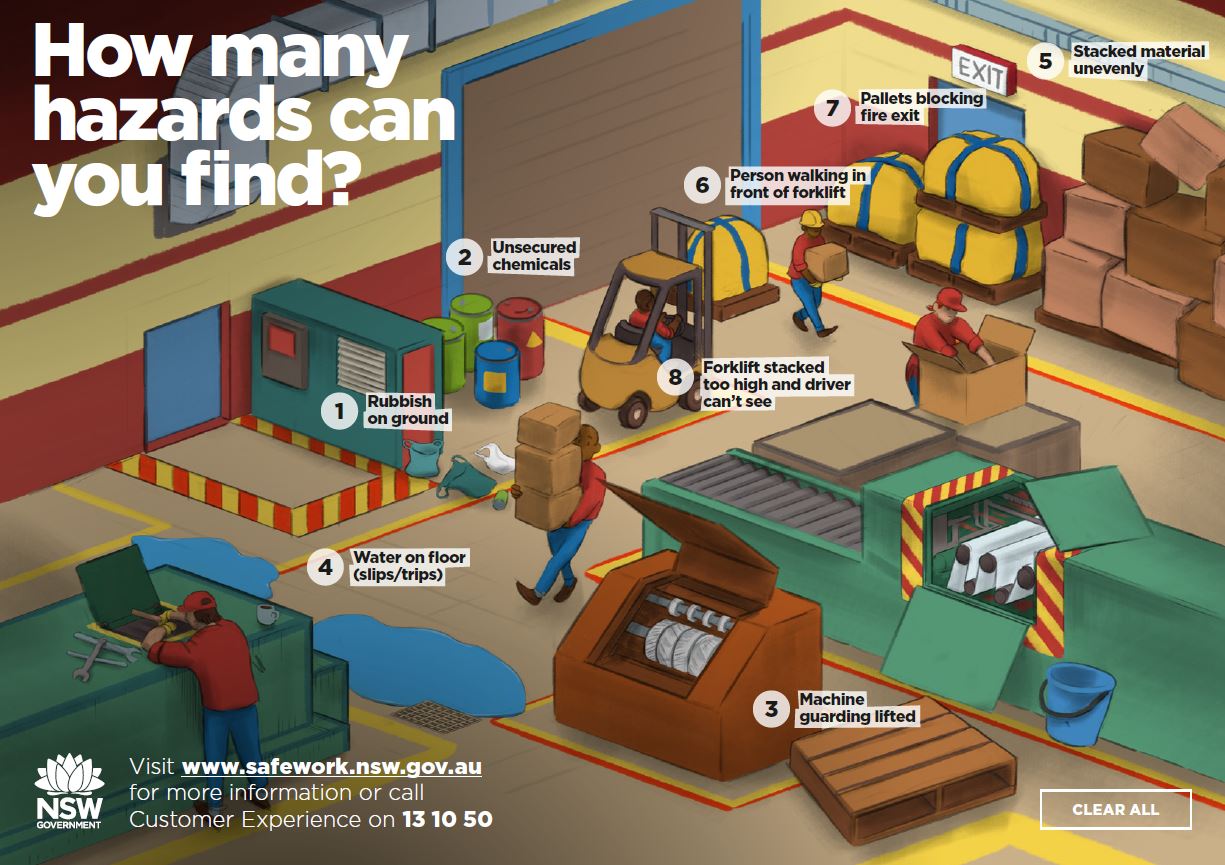 This is an image of a factory that has eight safety hazards.