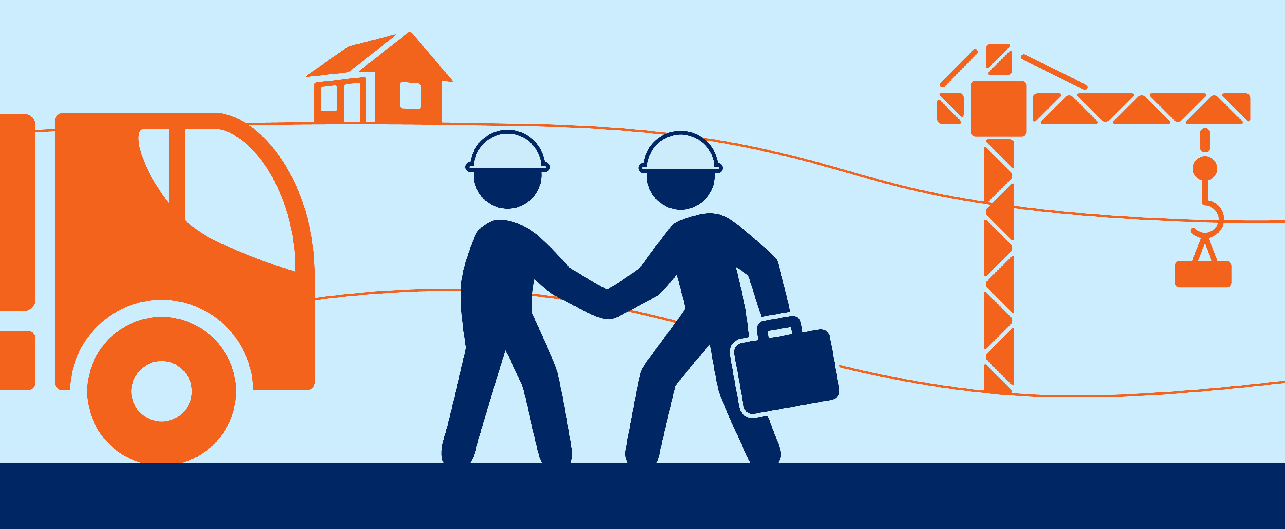 A stick figure graphic of two workers, next to a track, a crane and a house. The workers are shaking hands and wearing hard hats.