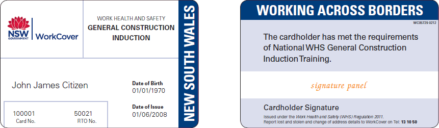 Sample NSW GIT card issued under the WHS Regulation (from 1 January 2012)