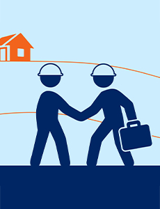 Two workers represented by stick figures, shaking hands on a worksite graphic. They are both wearing hard hats. 